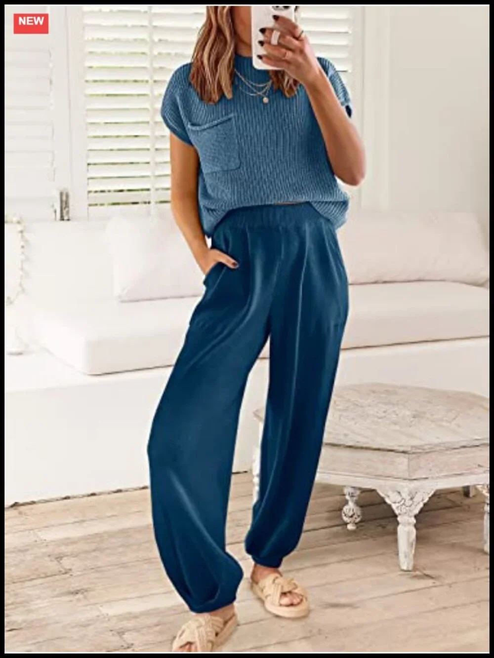Two Piece Lounge Set Cap Sleeve Crop Top High Waist Knit Pants Rayon